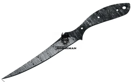 Damascus Pattern Dagger Blade Blank with long pointed blade, black and silver wave patterns, and curved unfinished tang with four mounting holes