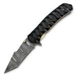 Damascus Pattern Folding Knife with pointed silver-and-black blade, raised geometric black handle, two dark hexagonal fasteners and gold-tone thumb stud