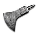 Damascus Pattern Bearded Axe Head with black-and-silver flowing metal patterns, a broad curved blade, small circular decorative accent and short tapered rear projection.