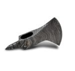 Damascus Pattern Bearded Axe Head with black-and-silver flowing metal patterns, a broad curved blade, small circular decorative accent and short tapered rear projection.