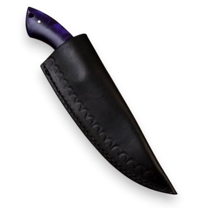 Purple Handle Damascus Hunting Knife with a textured silver-gray patterned blade, dark violet-black handle and black stitched sheath