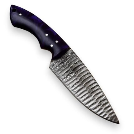 Purple Handle Damascus Hunting Knife with a textured silver-gray patterned blade, dark violet-black handle and black stitched sheath