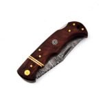 Open brown handle folding knife with a wavy patterned blade, circular mosaic-style pin, gold-tone fittings, and red accent stripe