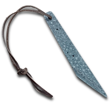 Raindrop Damascus knife blank with intricate silver-blue circular patterns, pointed blade, exposed tang holes and brown lanyard cord