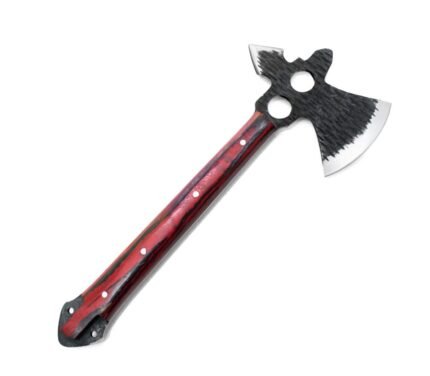 Red Handle Tomahawk Axe with textured black head, curved silver-colored cutting edge, two circular head openings and long red-and-black marbled handle.
