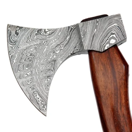 Patterned head hatchet with curved brown wood-grain handle, silver-gray wavy metallic axe head, and gold-colored circular detail