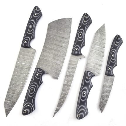 5-Piece Damascus Steel Kitchen Knife Set stored in olive-brown protective roll case with individual knife pockets and fastening straps