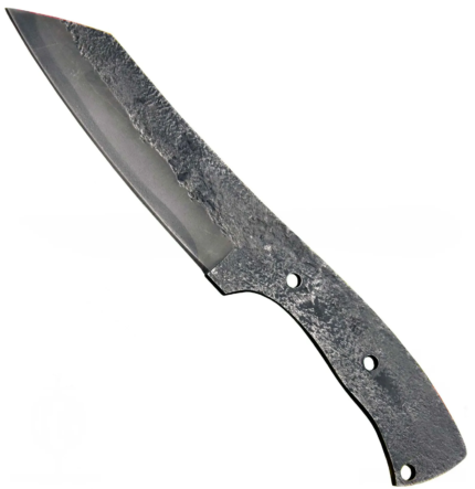 Rough Finish Full Tang Knife Blank with dark textured metal surface, polished silver bevel, pointed blade and three drilled handle holes