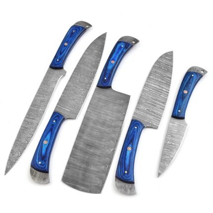 Five-piece Damascus-style kitchen knife collection with chef knife, broad cleaver-style blade and smaller utility knives