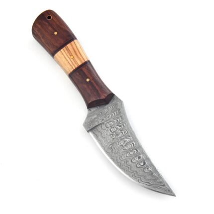 Three-Tone Damascus Hunting Knife with silver-gray wave-patterned blade, dark brown and tan handle, shown beside a black multi-strap sheath with gold-tone fasteners.