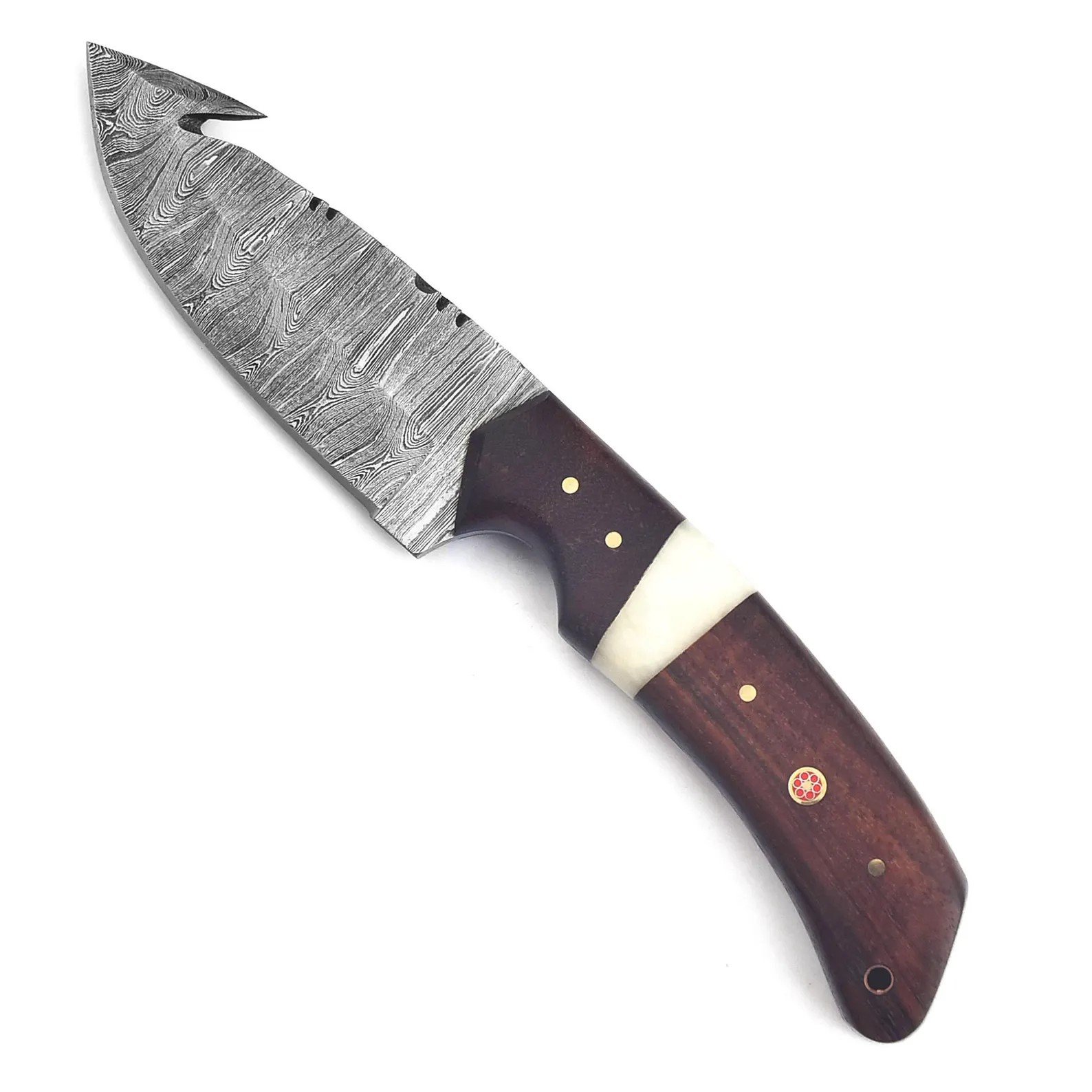 Damascus gut hook hunting knife with patterned curved blade, brown and cream handle, mosaic pin and dark brown stitched sheath with star-shaped metal decorations.