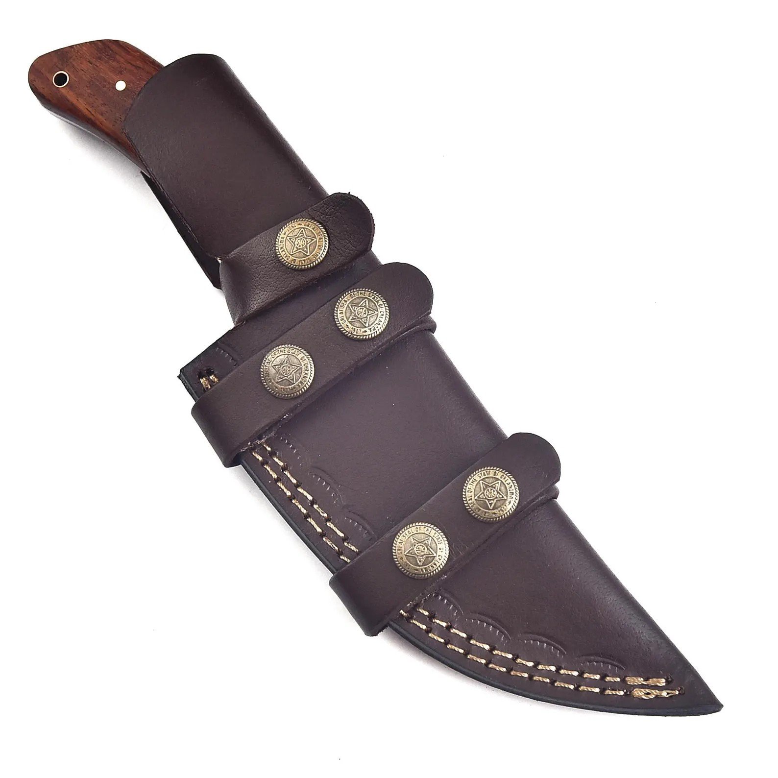 Damascus gut hook hunting knife with patterned curved blade, brown and cream handle, mosaic pin and dark brown stitched sheath with star-shaped metal decorations.