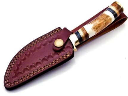 Stag-style handle knife with a Damascus-style patterned fixed blade, cream-and-brown grip, contrasting handle bands, and gold-tone guard