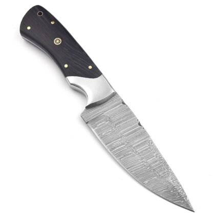 Black Handle Damascus Hunting Knife with silver-gray patterned blade, polished bolster, mosaic-style pin and dark brown multi-strap sheath with gold-tone fasteners.