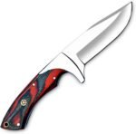 Red Black Handle Fixed Blade Knife with polished silver blade, curved two-tone handle and decorative mosaic pin