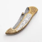 Engraved Damascus Folding Knife with Curved Patterned Steel Blade, Ornate Gold and Silver Floral Handle and Brown Leather Pouch