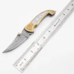 Engraved Damascus Folding Knife with Curved Patterned Steel Blade, Ornate Gold and Silver Floral Handle and Brown Leather Pouch