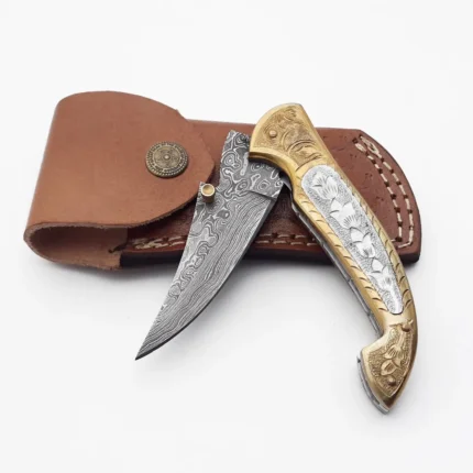 Engraved Damascus Folding Pocket Knife with Gold-Tone Handle
