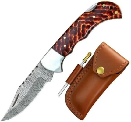 Brown Pattern Handle Folding Hunting Knife with a Damascus-style blade, polished bolster, brown snap-closure pouch and metal rod accessory.