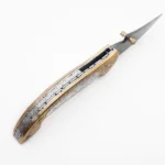 Engraved Damascus Folding Knife with Curved Patterned Steel Blade, Ornate Gold and Silver Floral Handle and Brown Leather Pouch