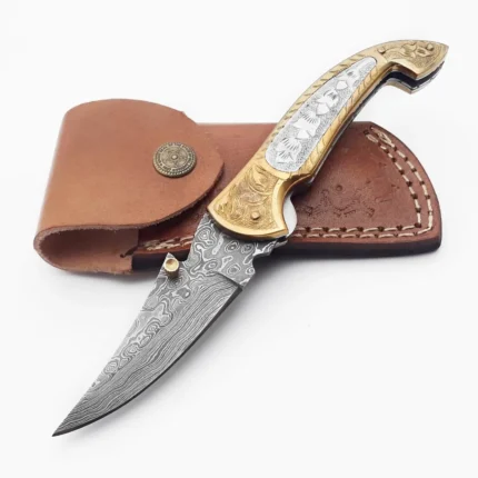 Engraved Damascus Folding Knife with Curved Patterned Steel Blade, Ornate Gold and Silver Floral Handle and Brown Leather Pouch
