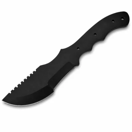 Black tracker knife blank with a broad curved front blade, stepped rear edge, notched spine, and contoured bare tang with four holes.
