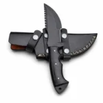 Black Serrated Spine Hunting Knife with a curved dark blade, notched spine, contoured finger-groove handle and black stitched sheath with silver snap fasteners