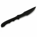 Black tracker knife blank with a broad curved front blade, stepped rear edge, notched spine, and contoured bare tang with four holes.