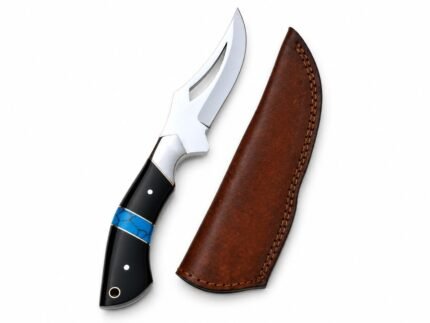 Black Turquoise Inlay Hunting Knife with polished curved silver blade, black handle with turquoise-blue accent, metallic bolster and brown stitched sheath.