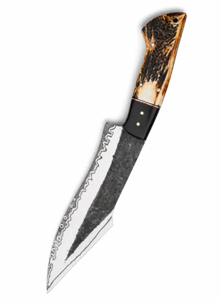 Black Forge Upswept Hunting Knife with long silver blade, dark textured section, decorative wavy markings and cream-brown antler-style handle