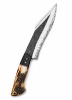 Black Forge Upswept Hunting Knife with long silver blade, dark textured section, decorative wavy markings and cream-brown antler-style handle