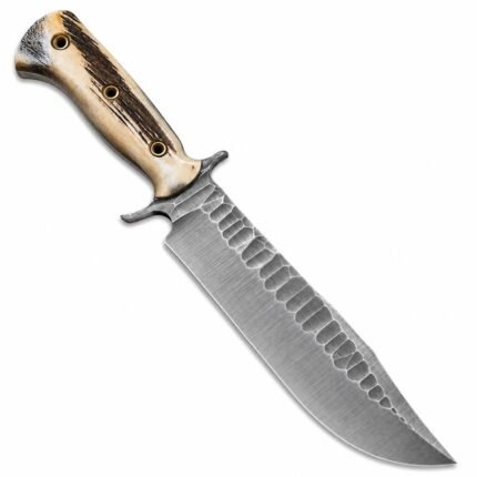 Stag Handle Bowie Knife with broad silver hammered-look blade, metal crossguard, cream and brown antler-style handle, and three brass-colored eyelets