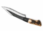 Black Forge Upswept Hunting Knife with long silver blade, dark textured section, decorative wavy markings and cream-brown antler-style handle