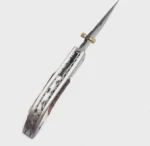 Damascus Pattern Folding Pocket Knife with silver-gray patterned blade, curved brown-and-cream stag-style handle, metal thumb studs, detailed spine view and black stitched sheath.