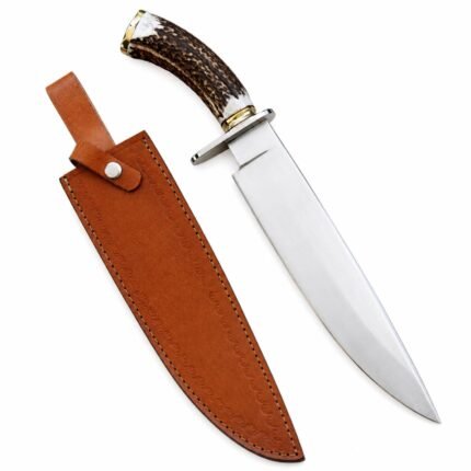Stag-Style Handle Bowie Knife with polished silver fixed blade, curved brown and cream antler-look handle, metal crossguard and stitched brown sheath