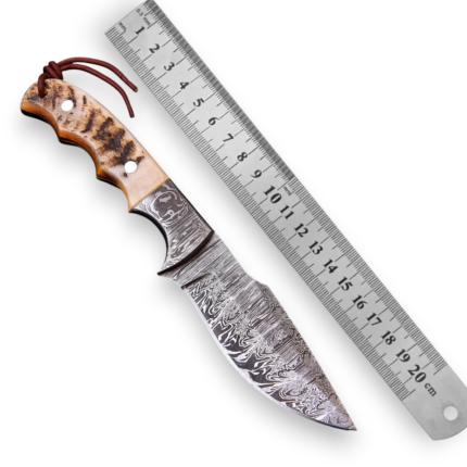 Damascus Hunting Knife with patterned fixed blade, cream-and-dark mottled handle, brown cord lanyard and stitched leather-look sheath