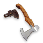 Viking Bearded Axe with curved silver-toned blade, rustic brown wooden handle, angular rear projection, and decorative dark brown leather-style sheath