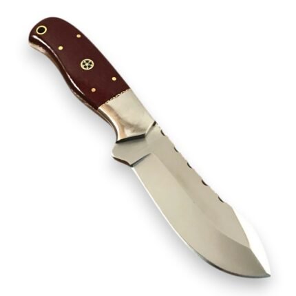 Red Wood Handle Hunting Style Knife with polished silver-colored curved blade, spine notches, mosaic-style pin, and gold-tone handle accents.