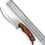 Fixed Blade Hunting Knife with polished silver blade, brown wooden handle, green cord lanyard, and decorative brown leather-style sheath