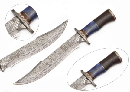 Damascus Steel Bowie Knife with Blue and Black Handle