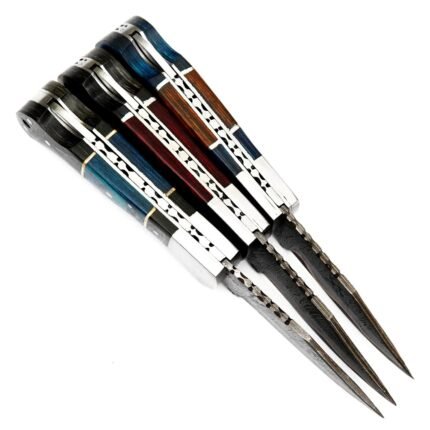 Three Copper Accent Damascus Hunting Knife designs with silver-gray patterned blades, copper-colored waves and blue, red, brown and black segmented handles.
