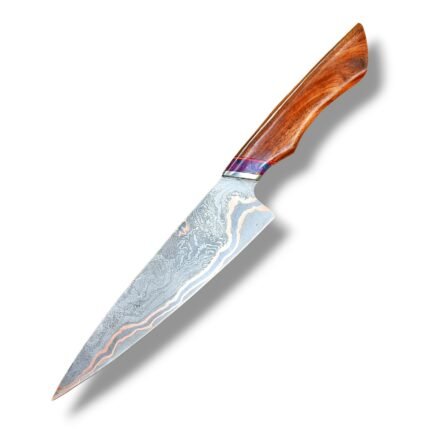 Copper-tone chef knife with a gray patterned blade, wavy metallic-colored bands, and a sculpted brown handle with a purple-red accent.