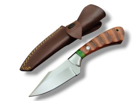 Wood Handle Fixed Blade Hunting Knife with polished silver blade, brown striped handle, green spacer and matching brown stitched sheath.