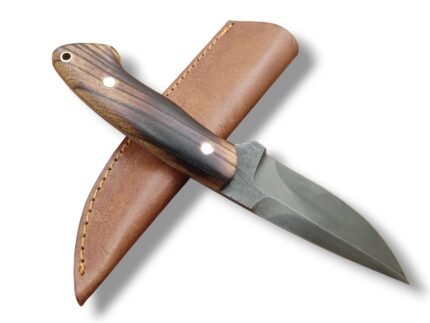 Wood Handle Fixed Blade Hunting Knife with silver-gray drop-point-style blade, brown wood-grain handle and tan stitched sheath