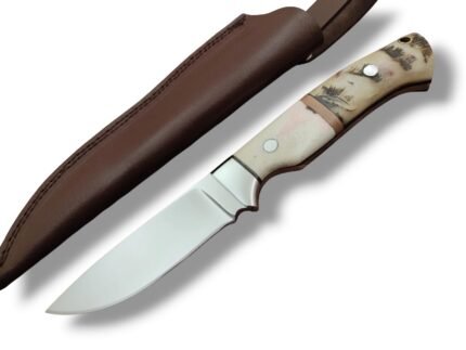 Two-Tone Bone Style Handle Hunting Knife with polished silver blade, cream and gray-green curved handle, metal bolster and stitched brown sheath.