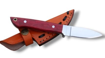 Fixed Blade Hunting Knife with Red Wooden Handle and Leather Sheath