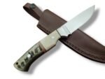 Two-Tone Bone Style Handle Hunting Knife with polished silver blade, cream and gray-green curved handle, metal bolster and stitched brown sheath.