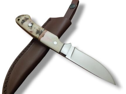 Two-Tone Bone Style Handle Hunting Knife with polished silver blade, cream and gray-green curved handle, metal bolster and stitched brown sheath.