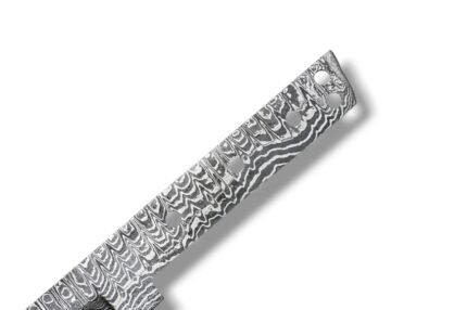 Patterned tanto knife blank with an angular tip and exposed full tang with five holes, positioned diagonally over a separate antler