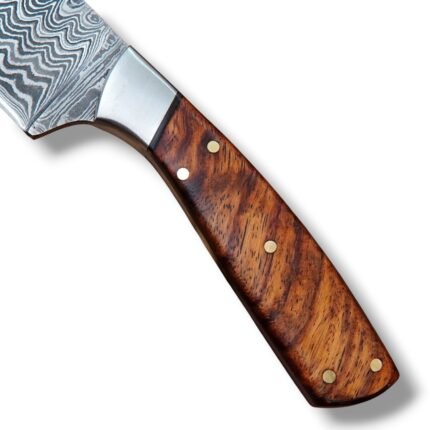 Damascus Pattern Skinning Knife with wavy silver-grey blade, reddish-brown figured handle, polished bolster and burgundy-brown dual-strap sheath.